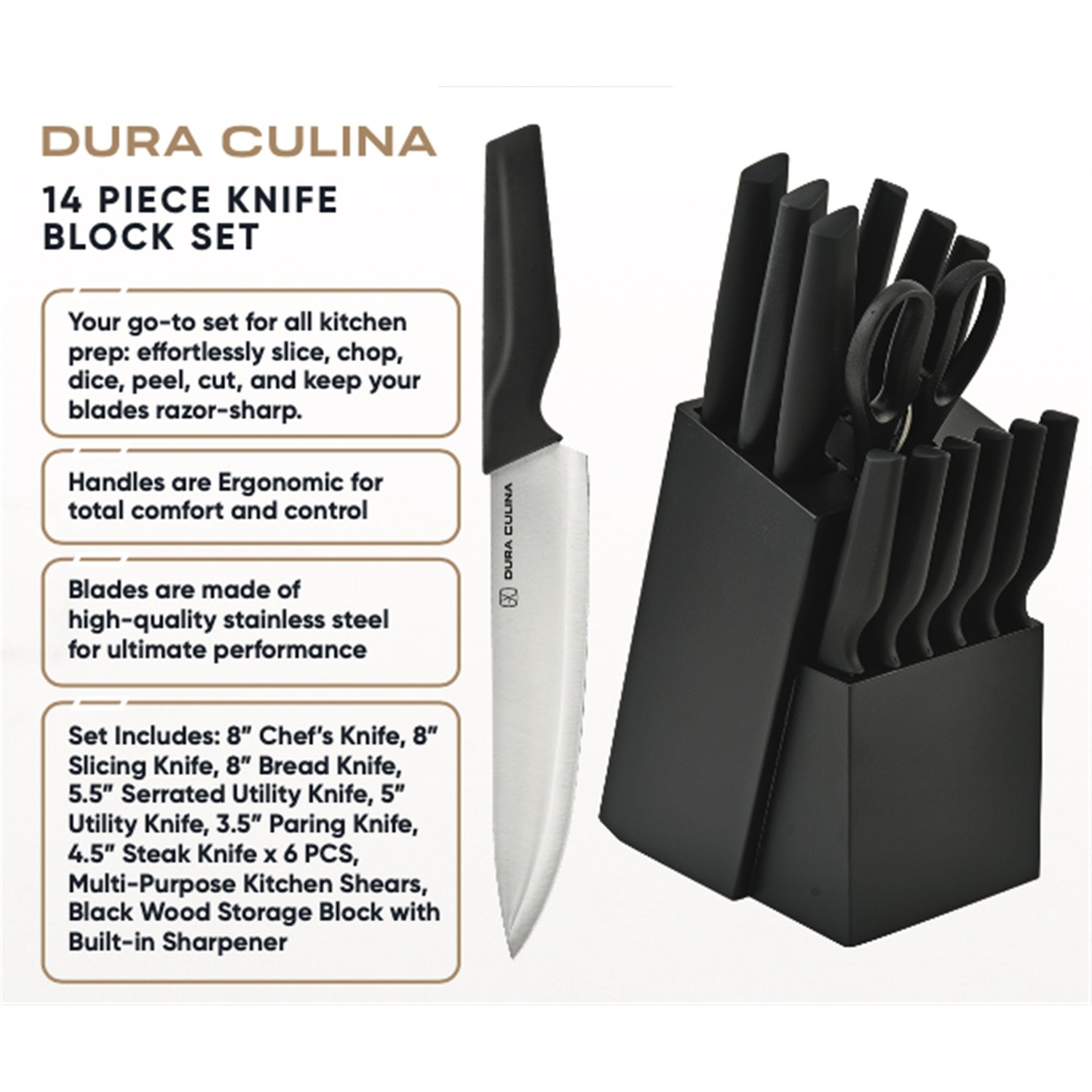 14-Piece Knife Block Set - High Carbon Stainless Steel with Ergonomic Handles, Built-In Sharpener, Black Wood Storage Block-4