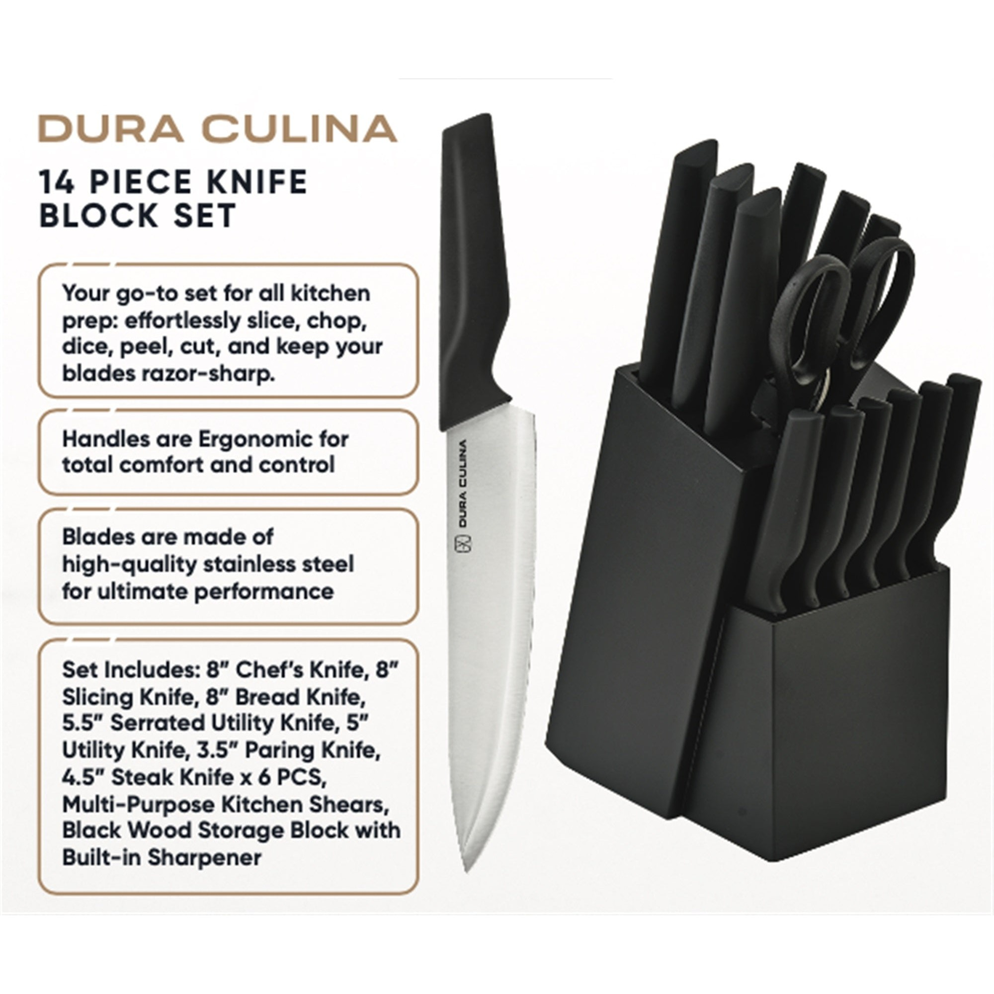14-Piece Knife Block Set - High Carbon Stainless Steel with Ergonomic Handles, Built-In Sharpener, Black Wood Storage Block-4