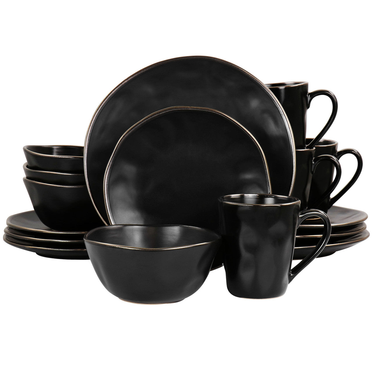 Elama Modern 16 Piece Stoneware Dinnerware Set in Matte Black with Gold Rim-0