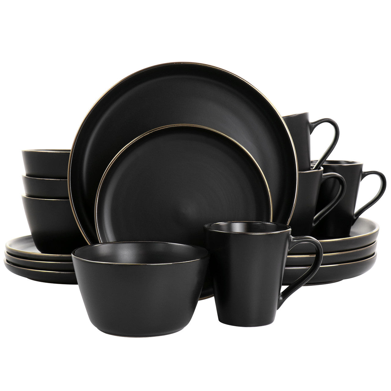 Elama Paul 16 Piece Stoneware Dinnerware Set in Matte Black with Gold Rim-0
