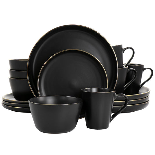Elama Paul 16 Piece Stoneware Dinnerware Set in Matte Black with Gold Rim-0