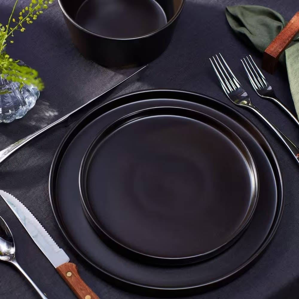 16-Piece Stoneware Dinnerware Set in Matte Black - Service for 4-0