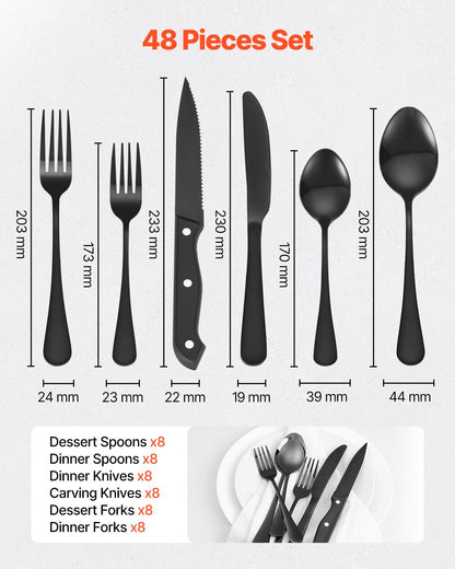 48-Piece Black Silverware Set with Steak Knives, Food-Grade Stainless
