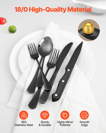 48-Piece Black Silverware Set with Steak Knives, Food-Grade Stainless