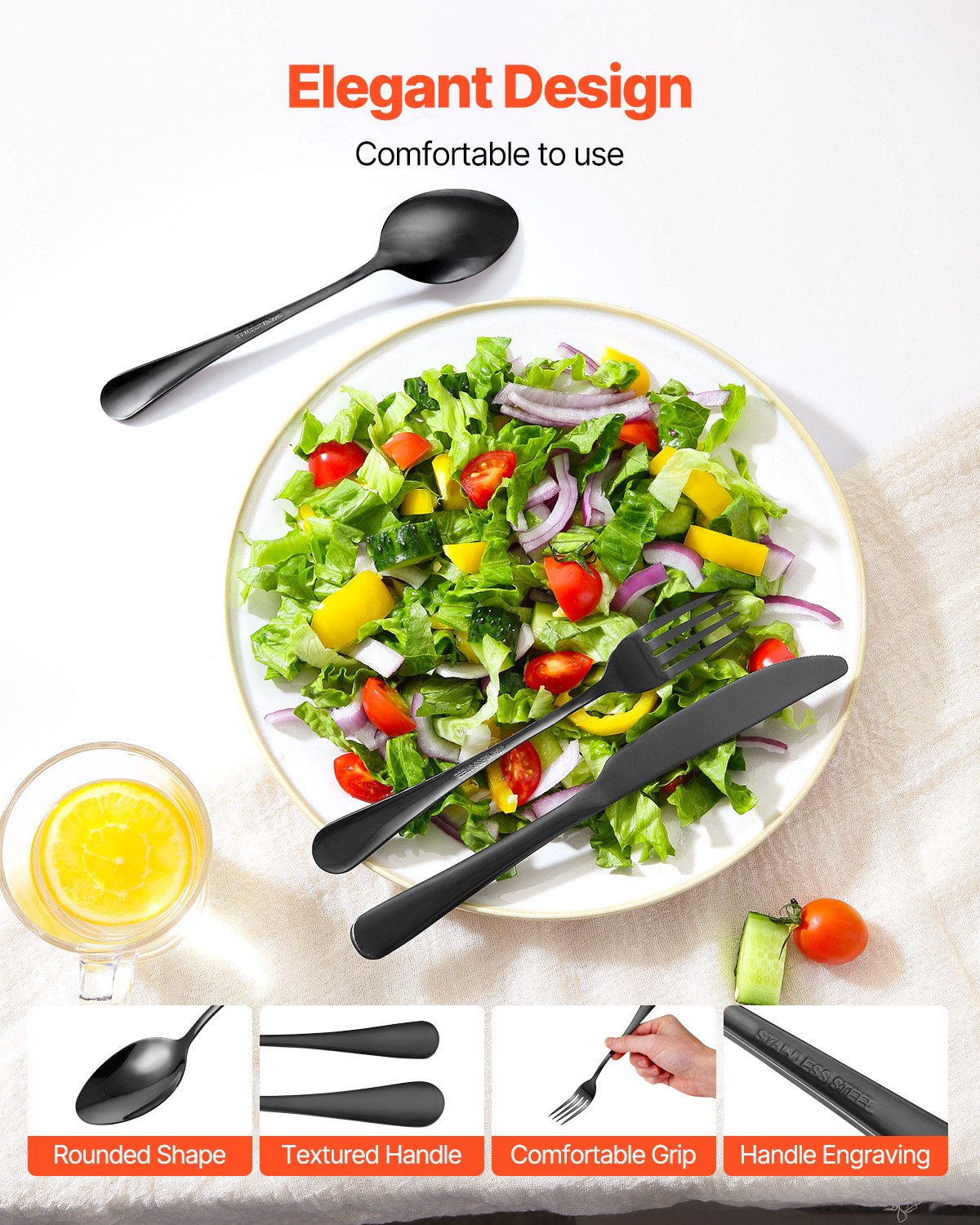 48-Piece Black Silverware Set with Steak Knives, Food-Grade Stainless