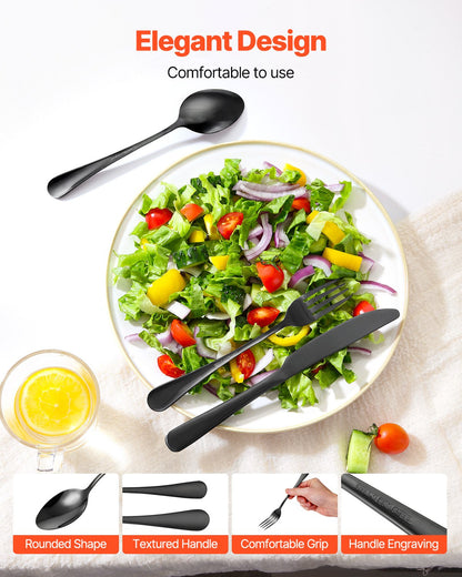 48-Piece Black Silverware Set with Steak Knives, Food-Grade Stainless